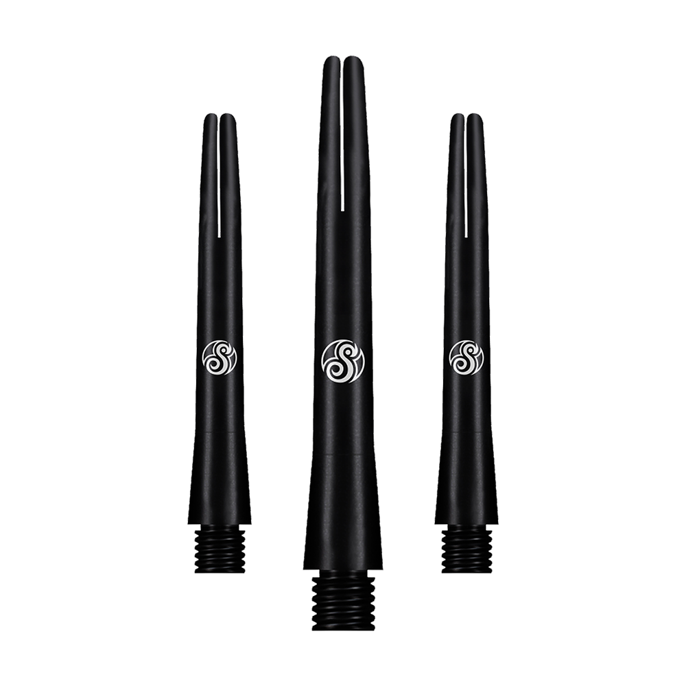 Das Bild zeigt drei schwarze Aluminium-Schäfte für Dartpfeile. Sie haben ein schlichtes Design mit einem weißen Logo in der Mitte.